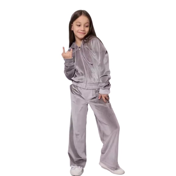 BENJAMJAM 6-12Y Silver Velvet Zip-Up Hoodie & Wide-Leg Pants Set, Trendy Casual Tracksuit, Comfortable & Stylish Loungewear Ensemble