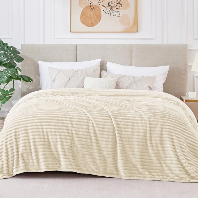 Cobija Tamaño Queen para Sofá, Sillón, Cama, Cobija de Cama Súper Suave de 230GSM a Rayas Beige para Oficina, Picnic, Viaje, Recámara, Cálida, Acogedora, Ligera, Decoración Del Hogar para Todas las E