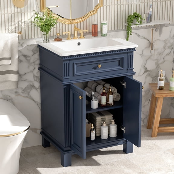 24 Vintage Blue Bathroom Vanity with Ceramic Sink and Soft Closing Doors, Adjustable Shelf Bathroom Cabinet for Small Space