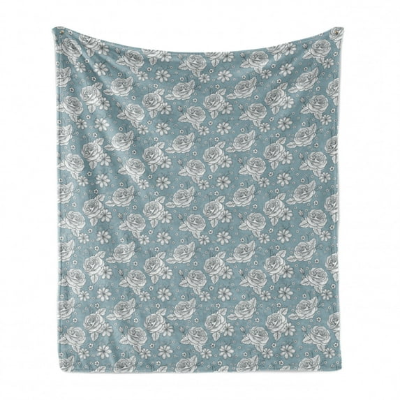 Rose Soft Flannel Fleece Throw Blanket, Retro Hand Drawn Rose Blossom Pattern over a Blue Background, Cozy Plush for Indoor and Outdoor Use, 50" x 60", Pale Blue Grey and White, by Ambesonne