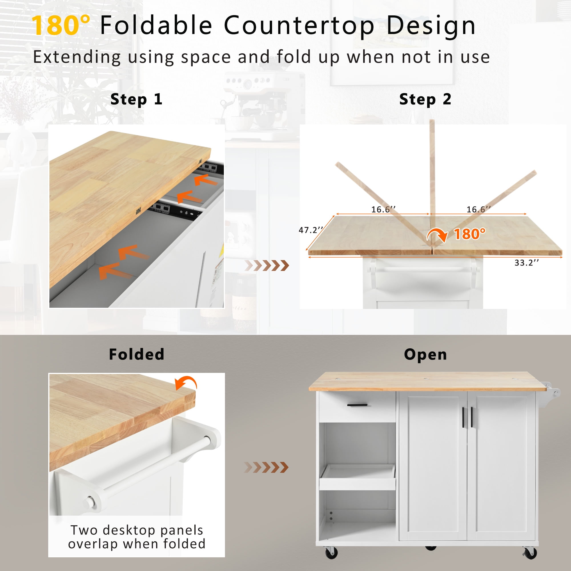 Yoneston Kitchen Island with Foldable Counter Top, Rolling Kitchen Cart with Slide-Out Shelf, Towel Rack and Drawer 2 Doors for Kitchen, Dining Room, White