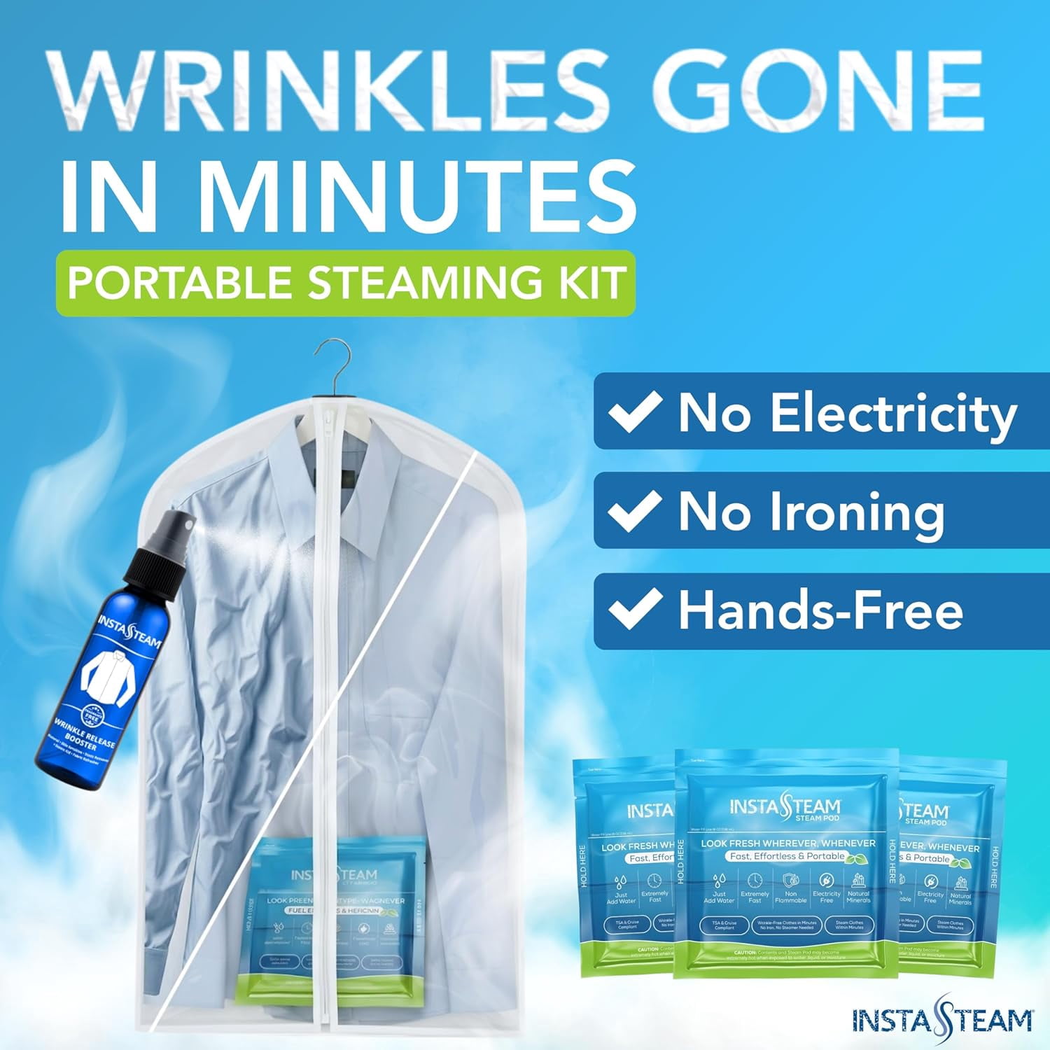 InstaSteam Starter Kit Travel Steamer, Electricity-Free, Wrinkle Release Spray, Cruise Ship Approved, Small Steamer, Disinfect, Deodorize