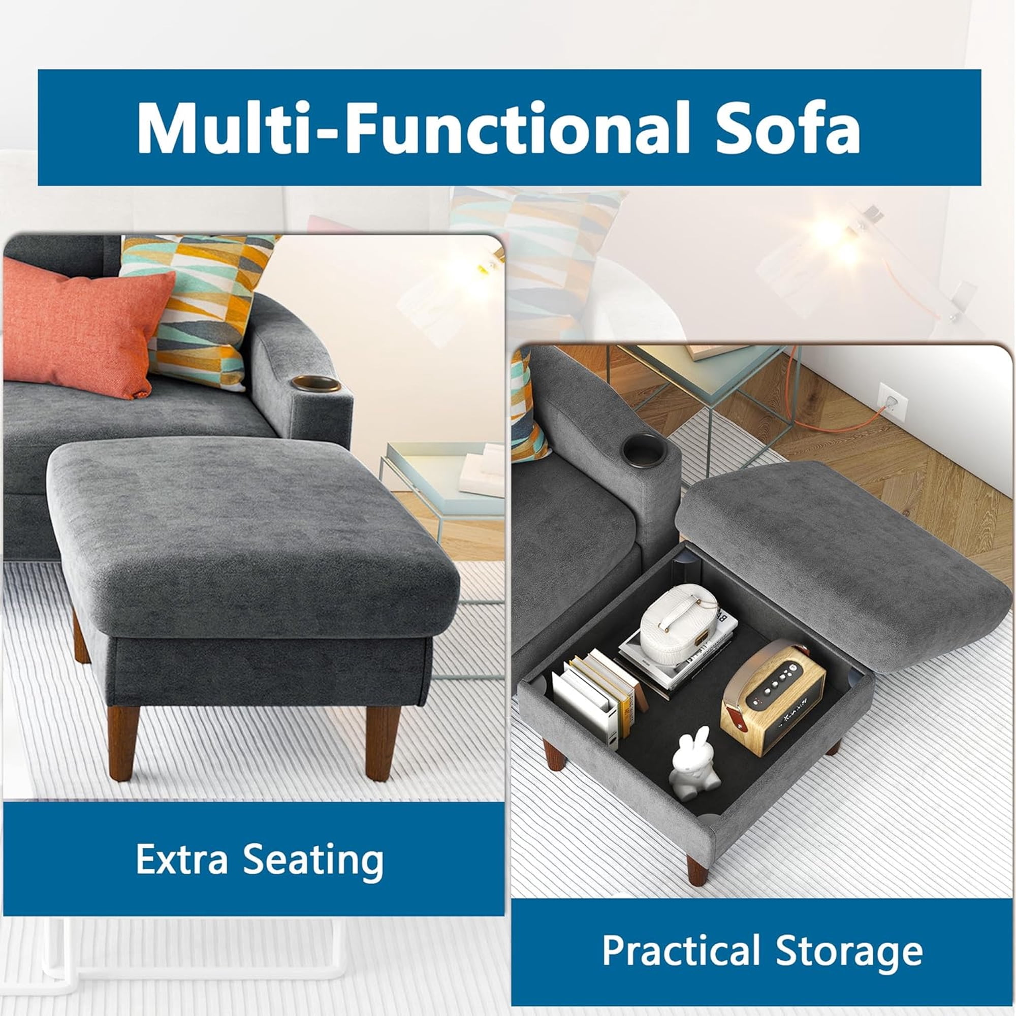 Aukfa L Shaped Sectional Sofa with USB Ports and Cup Holders, 78" 3 Seater Couch with Storage Ottoman, Dark Gray