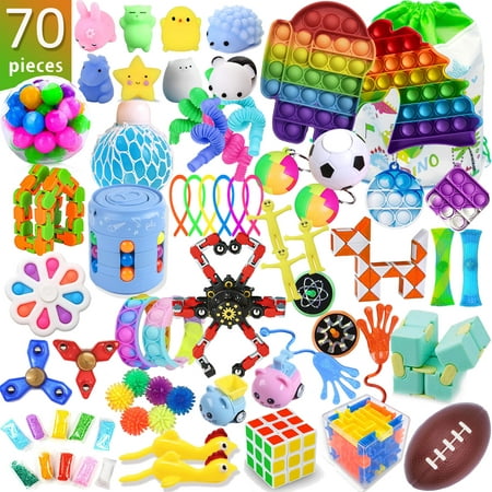 70 Piece Fidget Toys Pack Party Favors Gifts for Kids Adults, Fidget Cube,Magic Cube,Bike Chain,fidget bracelet,Squeeze Grape Ball,and More Anti-Stress Toys