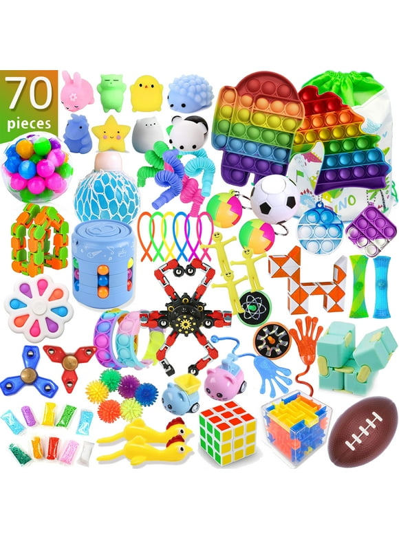 70 Piece Fidget Toys Pack Party Favors Gifts for Kids Adults, Fidget Cube,Magic Cube,Bike Chain,fidget bracelet,Squeeze Grape Ball,and More Anti-Stress Toys