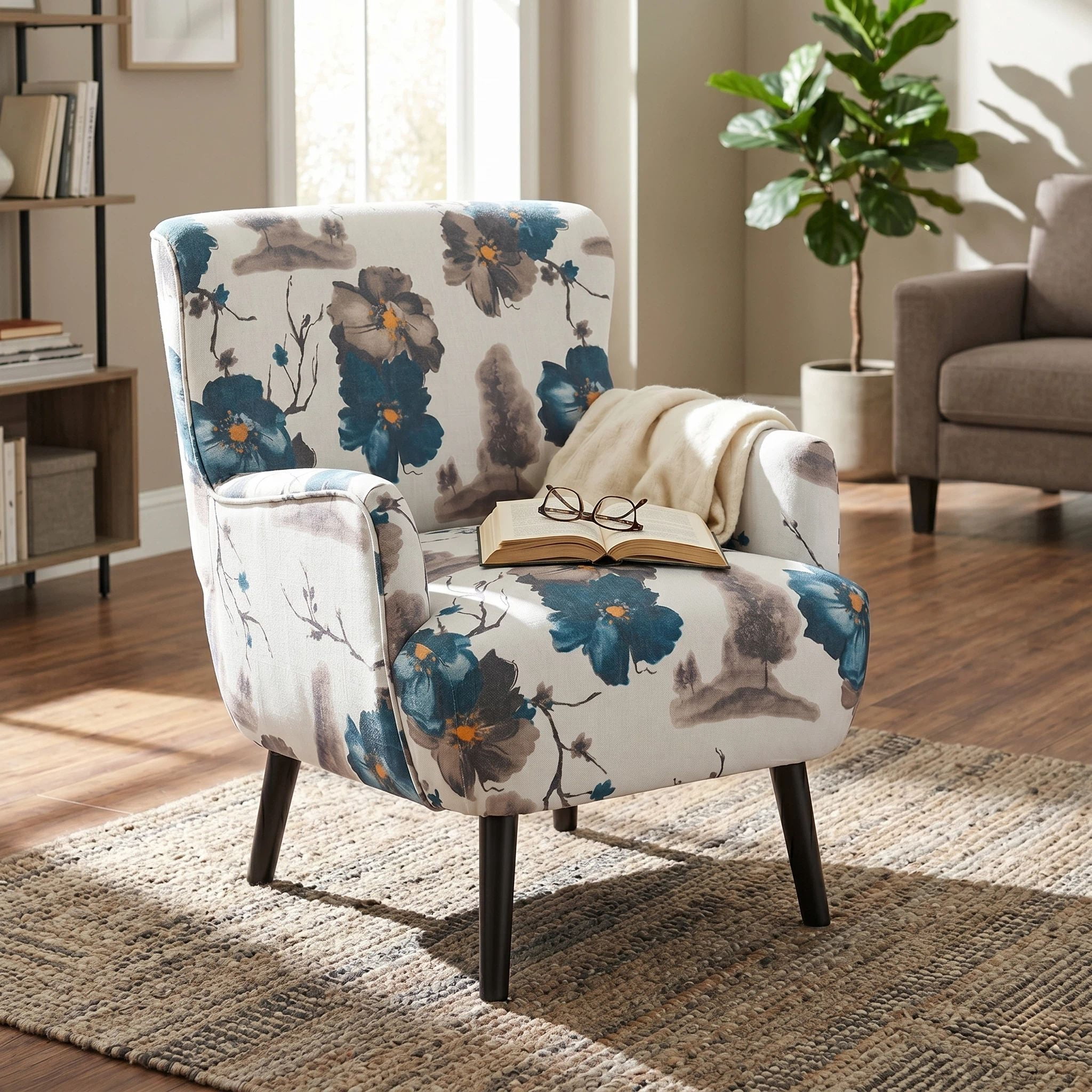 Euroco Modern Accent Chair,Upholstered Armchair with Round Arm & Solid Wood Legs,Comfy Reading Chair Club Chair for Bedroom, Living Room,White+Blue