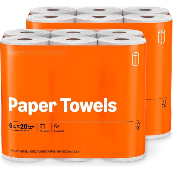 2-Ply Paper Towels, 2 Basics Rolls = 6 Regular Rolls, Everyday Value with 150 Sheets per Roll