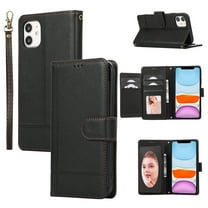 Crossbody Wallet Case for iPhone 11, PU Leather Case Wallet with Lanyard Strap, Card Holder and Make-up Mirror, Full Protection Anti-Scratch Flip Stand Cover for iPhone 11, Black