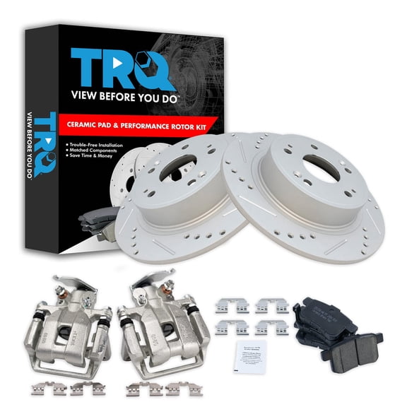 TRQ Rear Performance Brake Pad & Rotor Kit Brake Caliper Brake Pads Brake Rotors Set Ceramic Solid Premium G-Coated Fits Select 2013-2017 Honda Accord