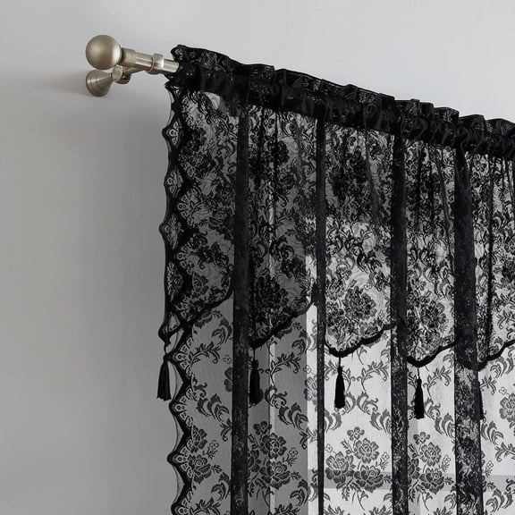 WARM HOME DESIGNS Luxury 63 Inches Long Black Lace Curtains with Valance and Tassels for Living Room, Dining Room or Bedroom. MC Black 63