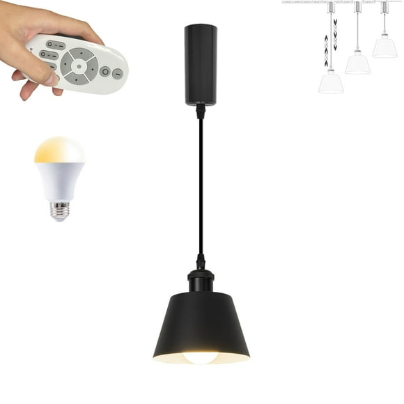 FSLiving Smart Group Control with Stepless Dimming J-Type Track Lighting Pendant Restaurant Retractable Lift Retro Black Light Cone Shape, Juno Mini Track Mounted Style for Kitchen - 1 Pack