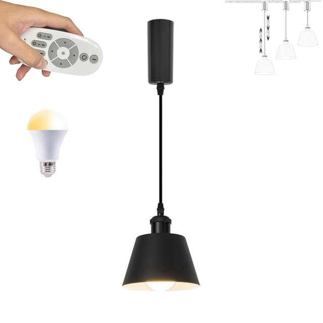 FSLiving Smart Group Control with Stepless Dimming J-Type Track Lighting Pendant Restaurant Retractable Lift Retro Black Light Cone Shape, Juno Mini Track Mounted Style for Kitchen - 1 Pack