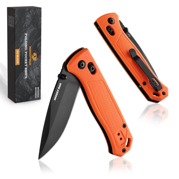 MOSSY OAK Folding Pocket Knife, 3" D2 Steel Blade, Crossbar Lock, Lightweight EDC Knife with Pocket Clip, Fiberglass Handle, Camping & Hiking, Orange