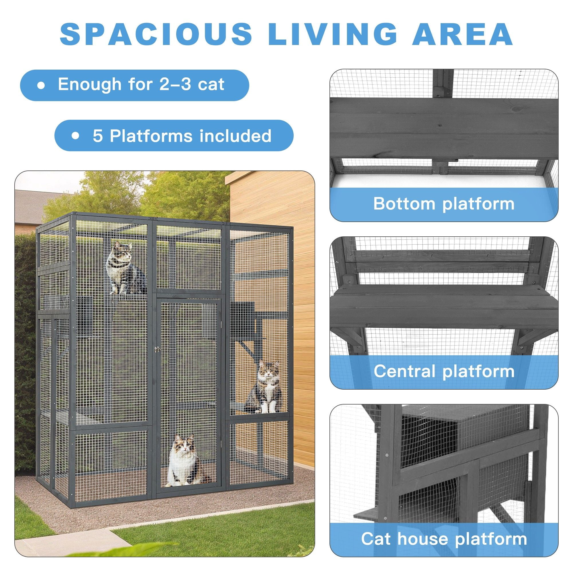 Demi Bonn 70" Outdoor Wood Cat House, Catio Kitty Enclosure Large Cat Cage Condo Playpen with Platforms and Small House, Gray