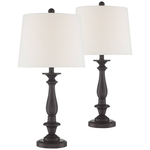 Farmhouse Table Lamps Set of 2 Bronze Candlestick White Drum Shade Living Room
