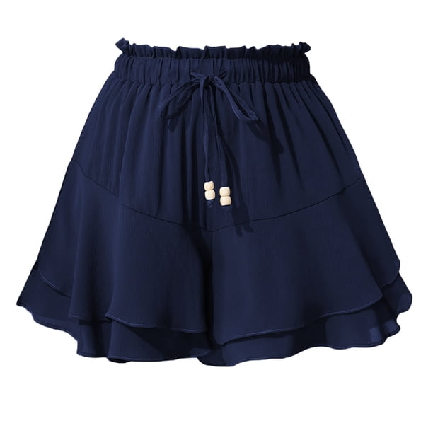Pantalones de falda con volantes de doble capa for mujer, con cintura elástica y cordón, pantalones de falda informales antiexposición deportivos