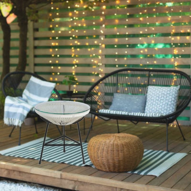 Capu Table d'appoint moderne d'extérieur en Blanc, Table d'appoint en osier enveloppé, Intérieur - Table d'extérieur