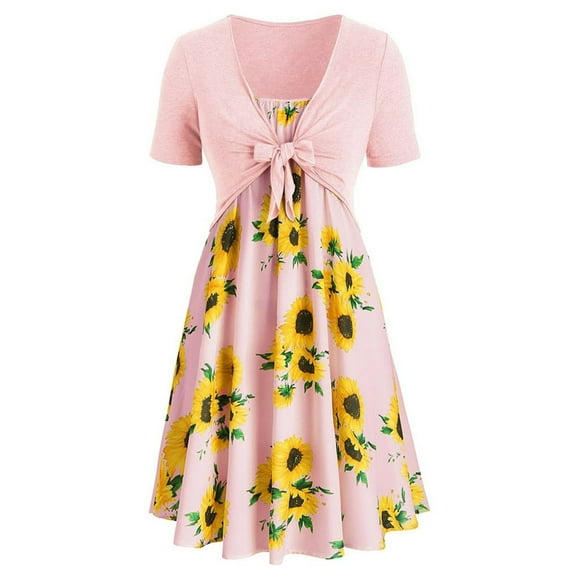 Women Short Sleeve Bow Knot Bandage Top Sunflower Print Mini Dress Suit Dress