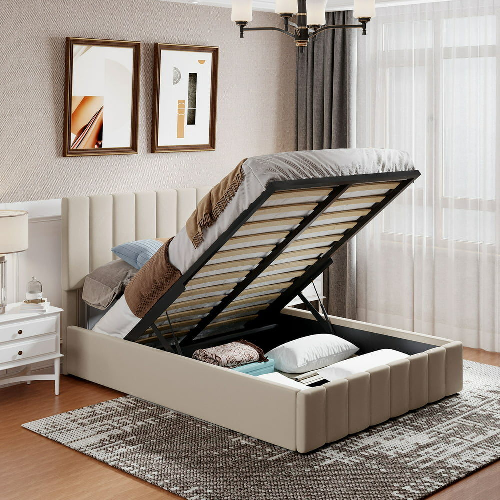 Beige Upholstered Platform Bed Frame, Full Size Storage Bed Frame with