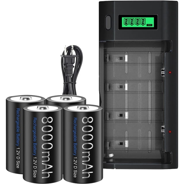 Baterías Recargabl D con Cargador, Cargador de batería Universal para Pilas AA AAA 9V D C con 4 Unidad NiMH D tamaño Recargable