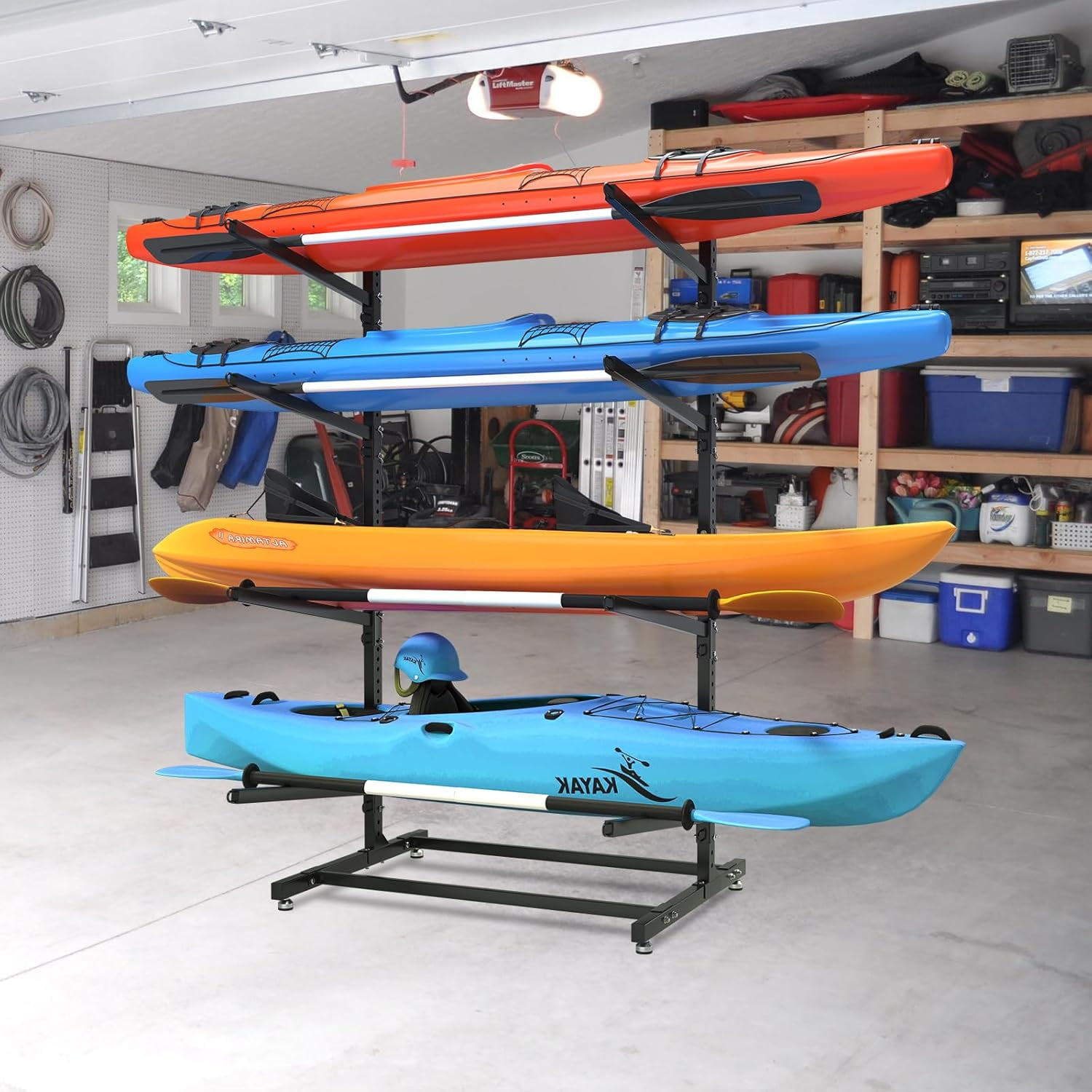 Selooye Kayak Storage Rack, Freestanding Heavy Duty Adjustable Kayak Stand Indoor Outdoor Storage Rack Garage, with Wheels and Foot Pad, for Kayaks, SUPs, Canoes, Surfboard
