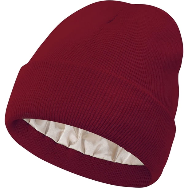 Gorro de punto con forro de satén para mujer, gorro de invierno para hombre, con forro de seda, suave, holgado y cálido, con puños (rojo vino)