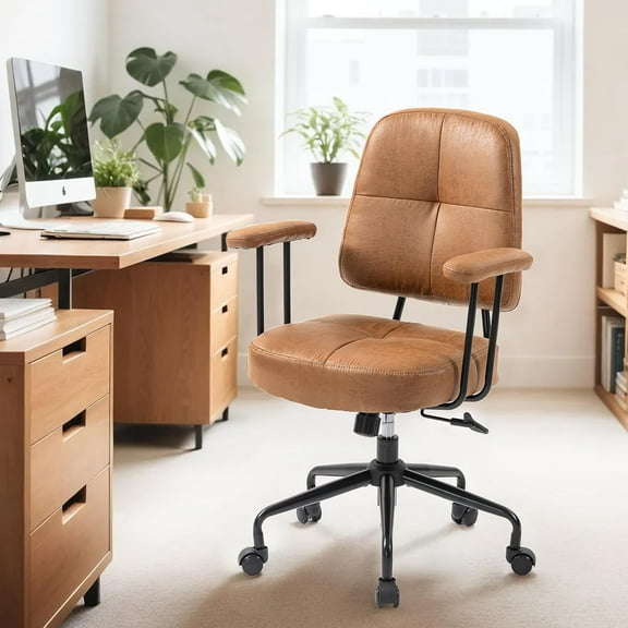 ECOTOUGE Home Office Chair, Adjustable Faux Leather Desk Chair for Home Office, Mid Century Modern Comfy Computer Chair with Wheels, Upholstered Desk Chair with Armrests for Home Office, Brown