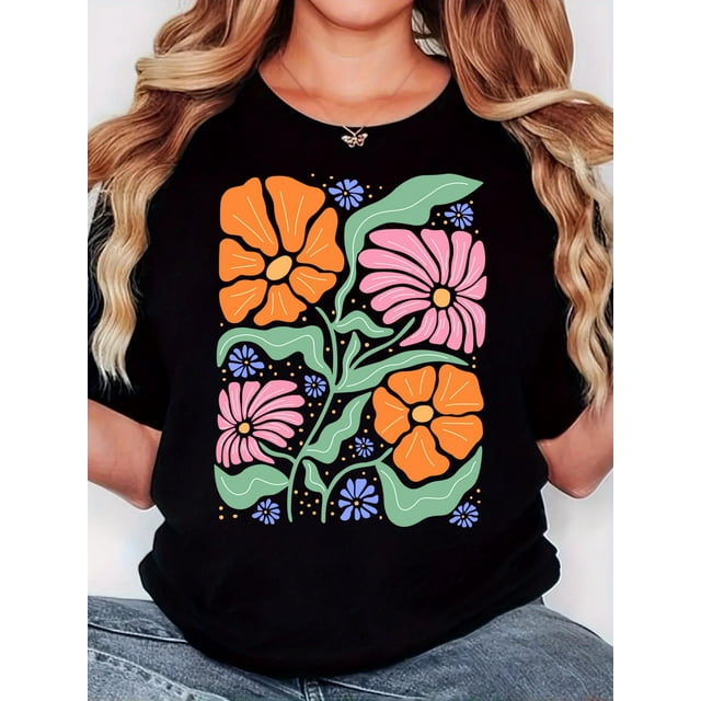 Women'S T-Shirt, "Hand-Painted Flower" Print, Retro Minimalist Fashion, Round Neck, Casual Comfort, Sports Short Sleeve T-Shirt