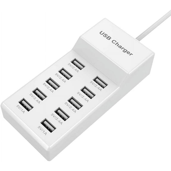 USB Wall Charger 10-Port USB Charger Station with Rapid Charging Auto Detect Technology Safety Guaranteed Family-Sized Smart USB Ports for Multiple Devices Smart Phone Tablet Laptop Computer
