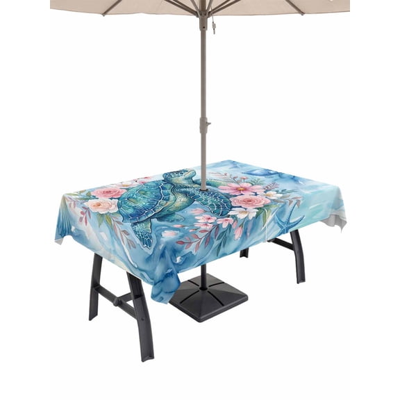 Outdoor Tablecloth with Umbrella Hole for Patio/Picnic/Party/Camping, Ocean Turtle Waterproof Table Cloth Rectangle Table Cover Washable, Blue Sea Underwater Animals Floral Starfish Blue (60"x 102")