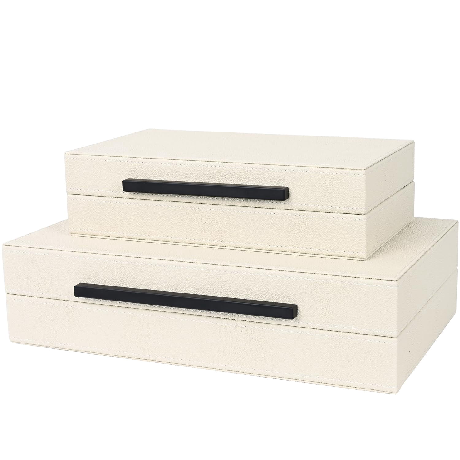 Beige Shagreen Decorative Storage Boxes - Set Of 2 Faux Leather & Memory With Black Metal Handles  Nesting Photo Organizers For Home Decor Gift And Office Organization