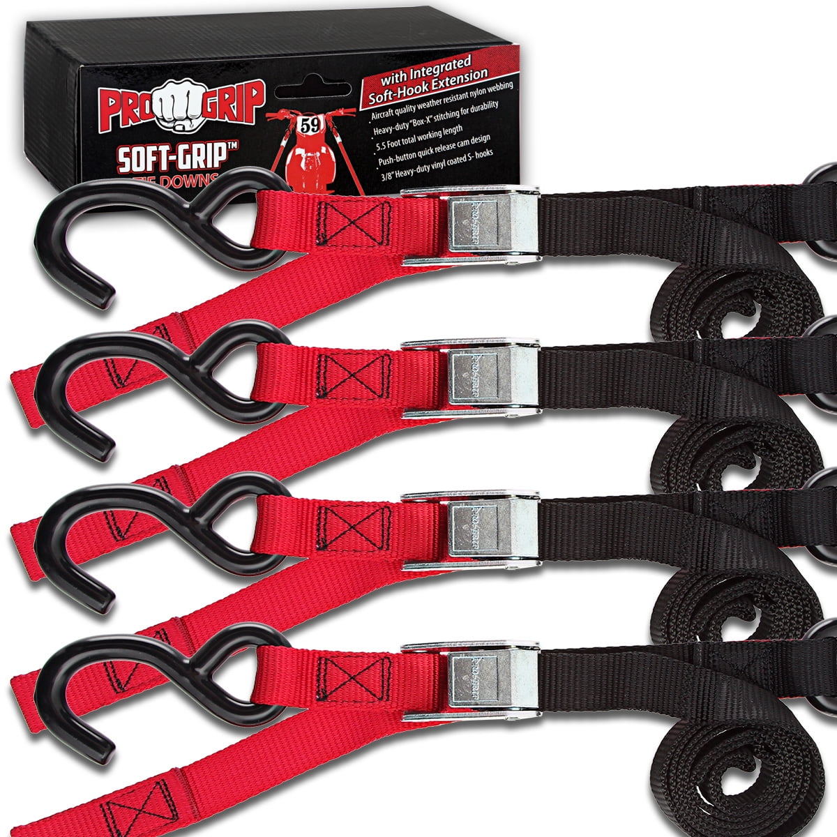 Progrip Powersports Motorcycle Soft Loop Tie Down Straps Lab Tested 4 Pack Blk