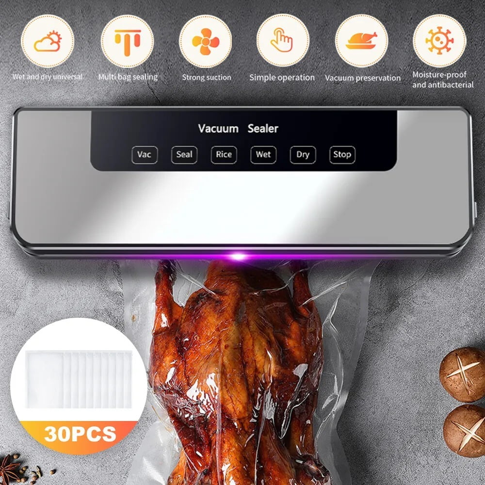 Commercial Vacuum Sealer Machine with 65 KPA Strong Suction, 6-in-1 Food Saver System for Dry & Moist Foods, Ideal for Home & Business Use, Includes 30 Free Bags
