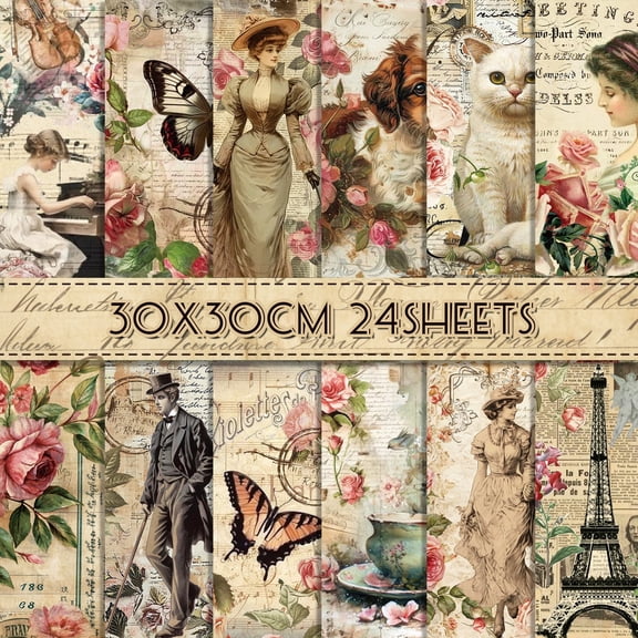 CC HOME 24 Sheets Vintage Butterfly Florals Scrapbook Paper Pad Retro Newspaper Pattern DIY Double-sided Origim Paper for Party DIY Art Crafts,Card Making,Album Jounal