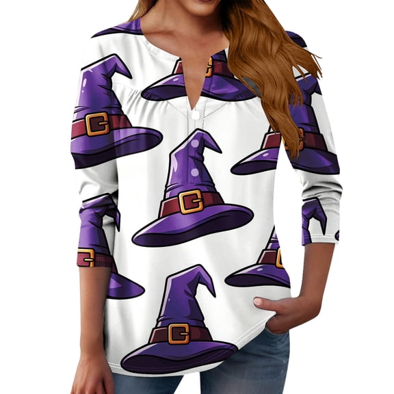 MVRLSH Womens Tops Blouse Casual Halloween Graphic Printed 3/4 Length Sleeve Button Up Plus Size V Neck Loose Fit Blouses Multicolor - M