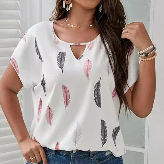 Wycnly Womens Tops Dressy Casual Plus Size Loose Fit Comfy Lightweight Fashion Keyhole Tees Shirts Summer Short Sleeve Round Neck Tops Feather Print Blouse White l