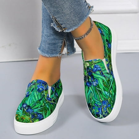 

FZM Sneakers For Women Fashion Spring And Summer Women s Casual Shoes Large Size Canvas Shoes Flat Graffiti Print Green 7.5