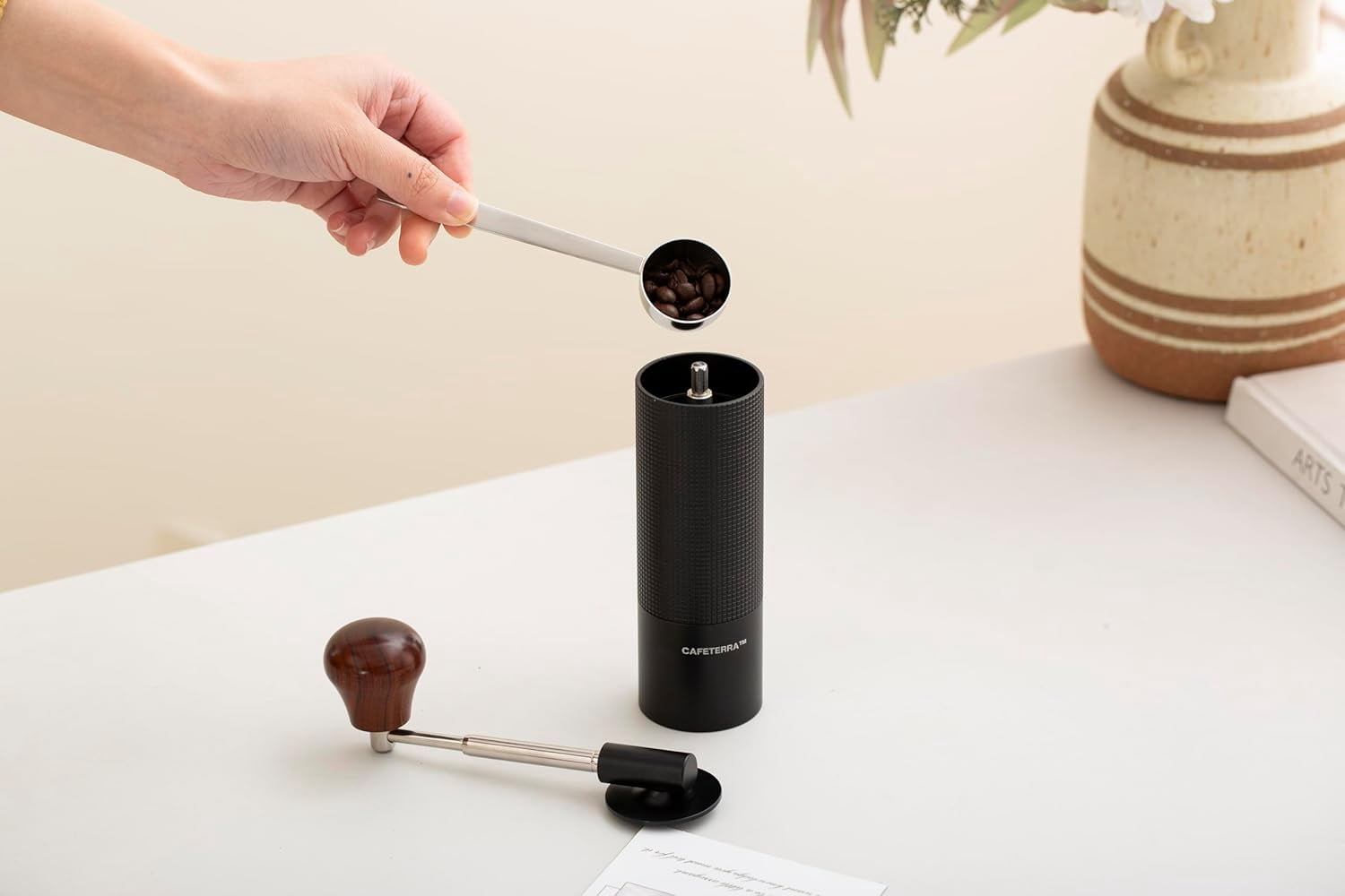 Manual Coffee Grinder – Foldable Stainless Steel Handle with Wooden Knob, 38mm Conical Burr, Adjustable Grind for Espresso to French Press, Portable Hand Grinder for Home & Travel