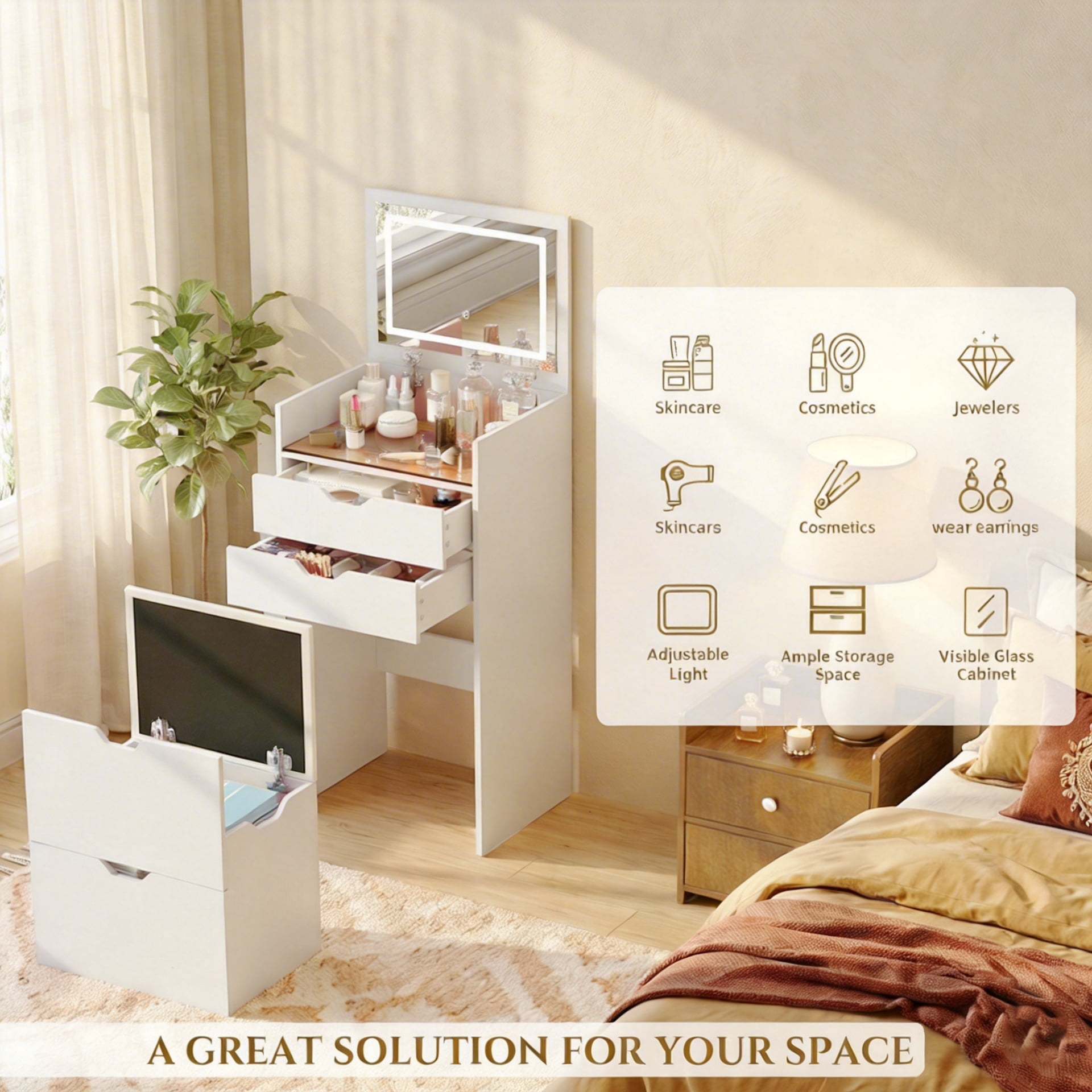 3-in-1 Vanity Desk with Lights & Flip Mirror, Small Makeup Vanity Set with Hidden Stool and Storage Drawers, Space-Saving Dressing Table for Bedroom, White