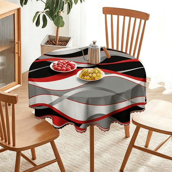 Odenmar 60 inch Round Tablecloth, Featuring Red Black Grey Wave Pattern, Made from Polyester Fabric for Dining Kitchen Party Home Decor