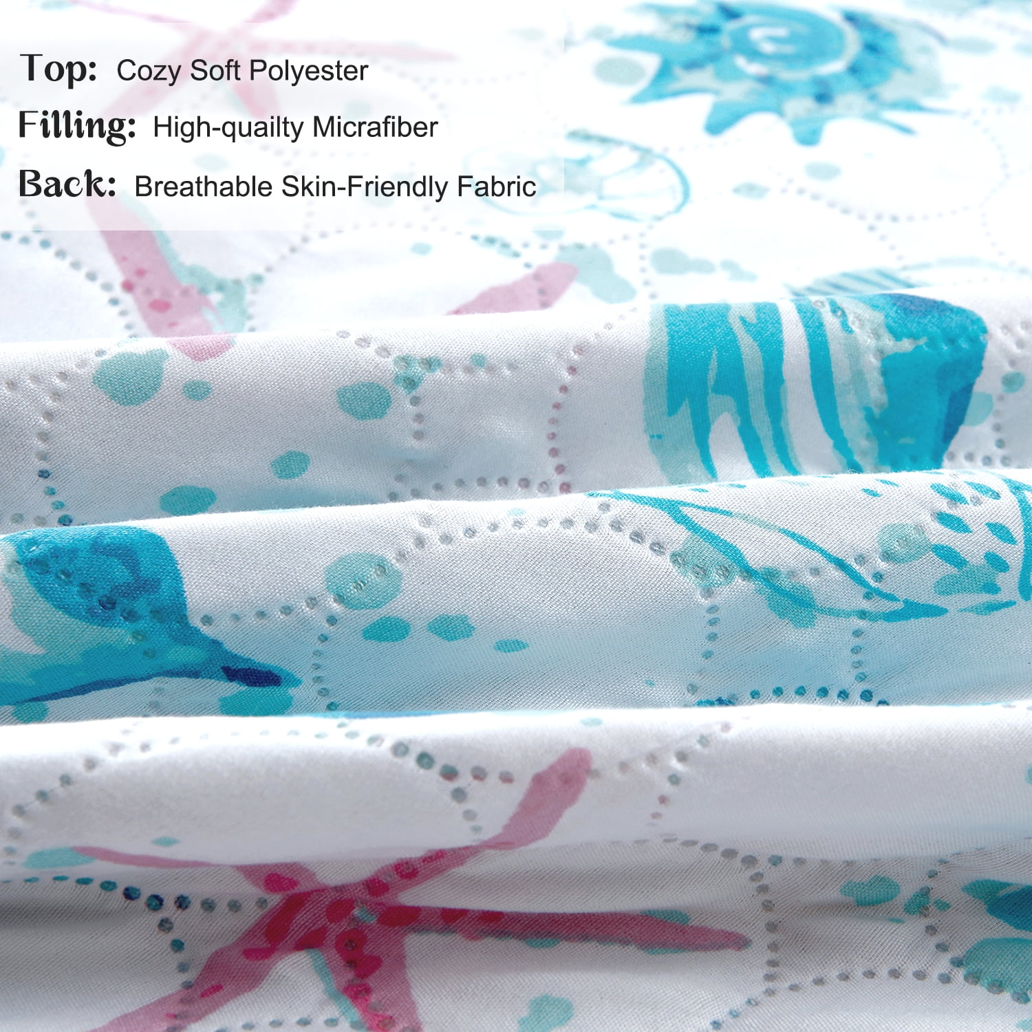 Kebury Coastal Beach Theme Quilts Bedding Set King Size Lightweight Patchwork Ocean Bedding Coverlets Conch Blue Seashell Starfish Seaweed Bedspreads (1 Quilt, 2 Pillow Shams)