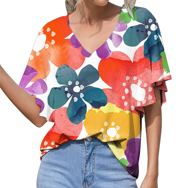 Camiseta de manga corta suelta con cuello en V y estampado informal a la moda de verano para mujer Pompotops hkajfhjk471304