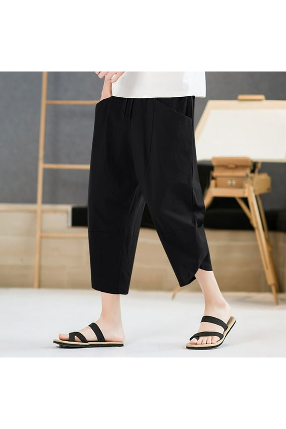 Plus Size Mens Capri Pants Lightweight Breathable Drawstring Elastic Waist Comfy Beach Vacation Trousers(M-5XL)