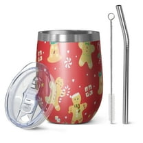 12oz Stemless Wine Tumblers Red Christmas Gingerbread Man Pattern Vacuum Insulated Stainless Steel Travel Tumbler Cups Mug with Lid and Straw for Champaign,Cocktail,Beer with Cleaning Brush