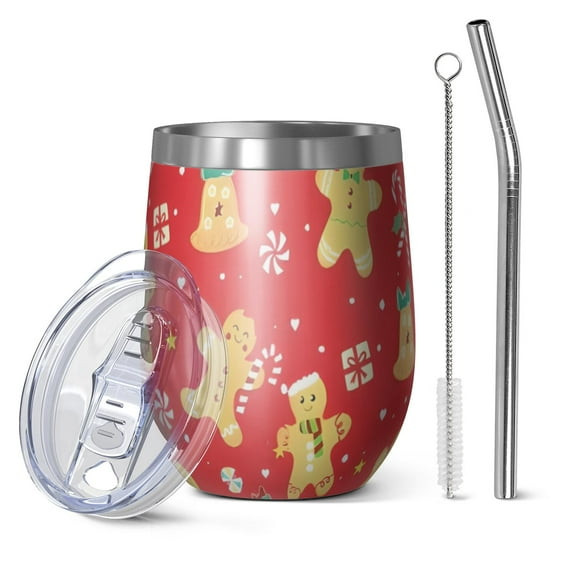 12oz Stemless Wine Tumblers Red Christmas Gingerbread Man Pattern Vacuum Insulated Stainless Steel Travel Tumbler Cups Mug with Lid and Straw for Champaign,Cocktail,Beer with Cleaning Brush