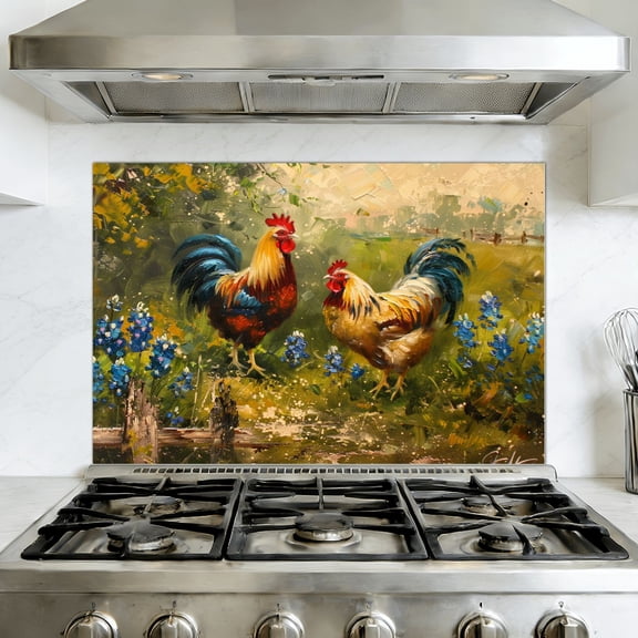 Kitchen Backsplash Peel and Stick Wall Murals Rooster Canvas Texas Bluebonnet Field Paintings Farm Animal Removable Mural 35.4"W x 23.6"H, Oil Proof Vinyl Wallpaper for Fireplace & Behind Stove