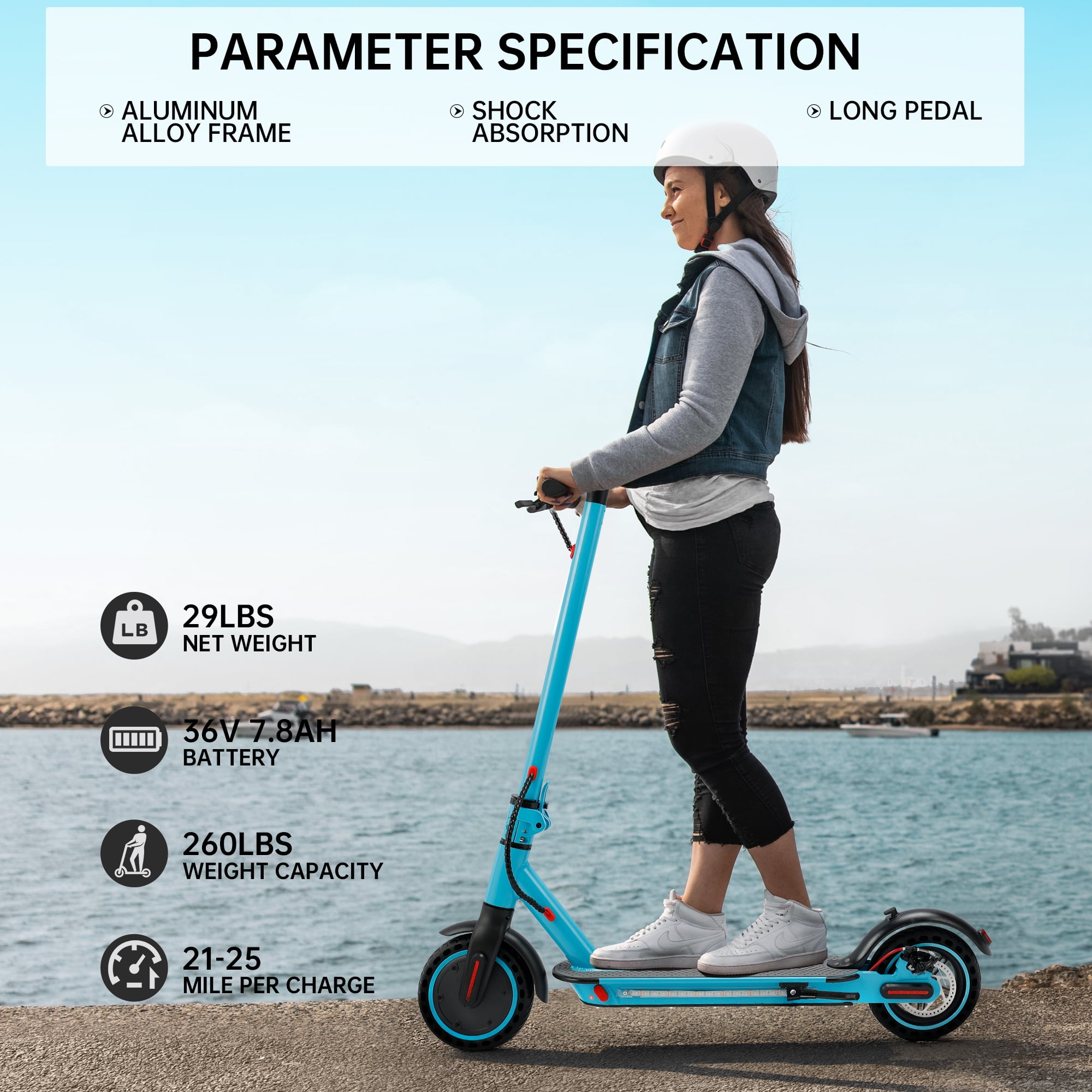 ARTUDATECH Electric Scooter Adults, 350W Motor up to 21 MPH and 25 Miles Long-Range, 8.5" Solid Tires Folding Electric Scooter for Adults and Teens with Deck Lights Dual Braking Safety System Blue
