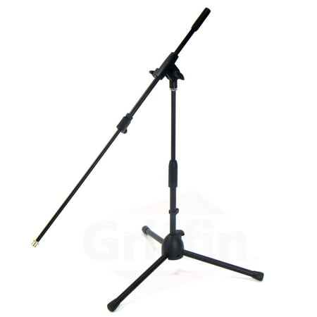 2 PACK- Low Profile Microphone Stand by Griffin Short Tripod Mic Stand Mount with Boom Arm for Kick Bass Drum, Studio Desktop Recording, Singing & Guitar Amplifiers Small Height Telescoping Holder