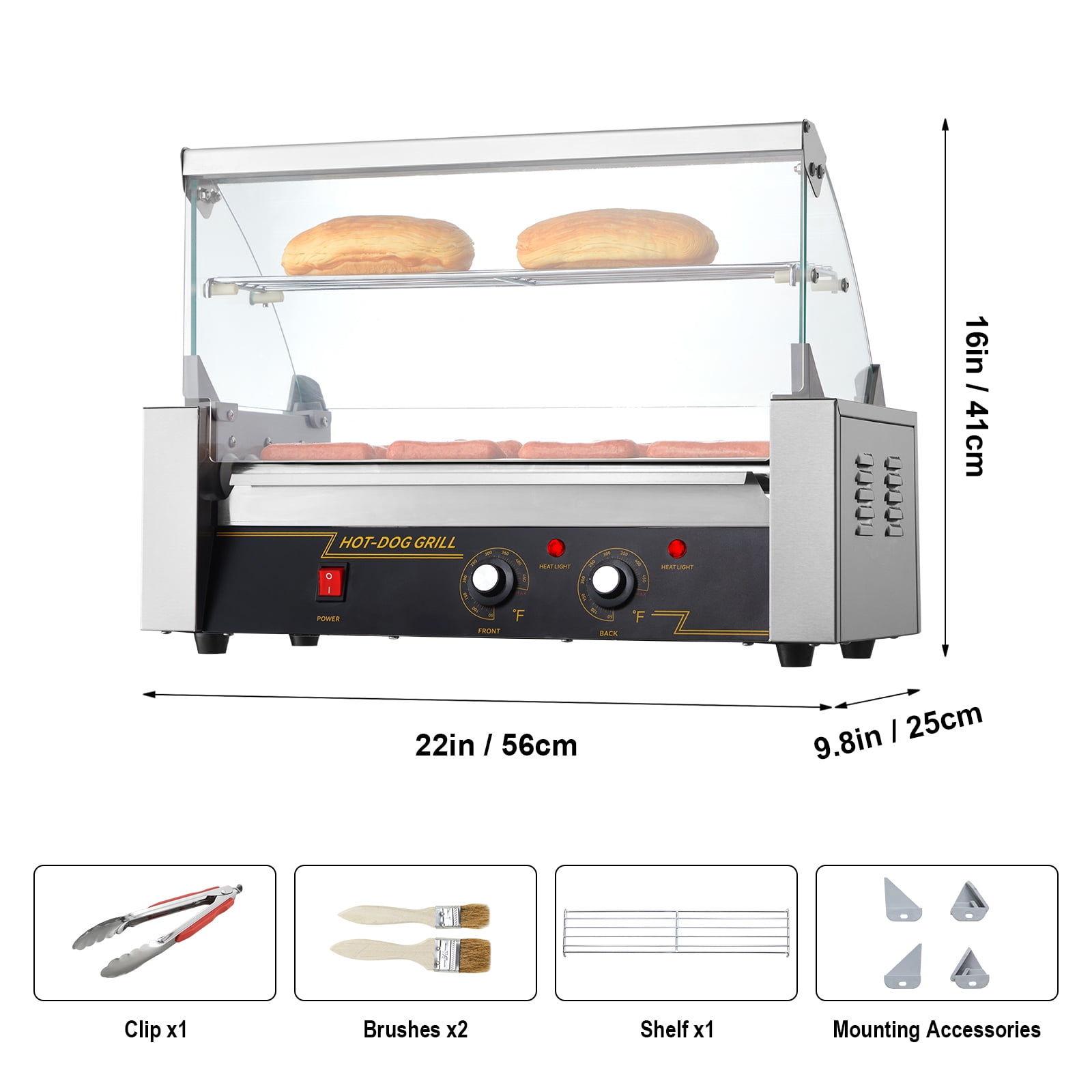KFFKFF Commercial Hot Dog Roller Grill, Stainless Steel Sausage Grill Cooker Machine with 5 Rollers, for 12 Hot Dogs, 750W, Dual Temperature Control, Bun Warming Rack, Detachable Oil Drip Pan