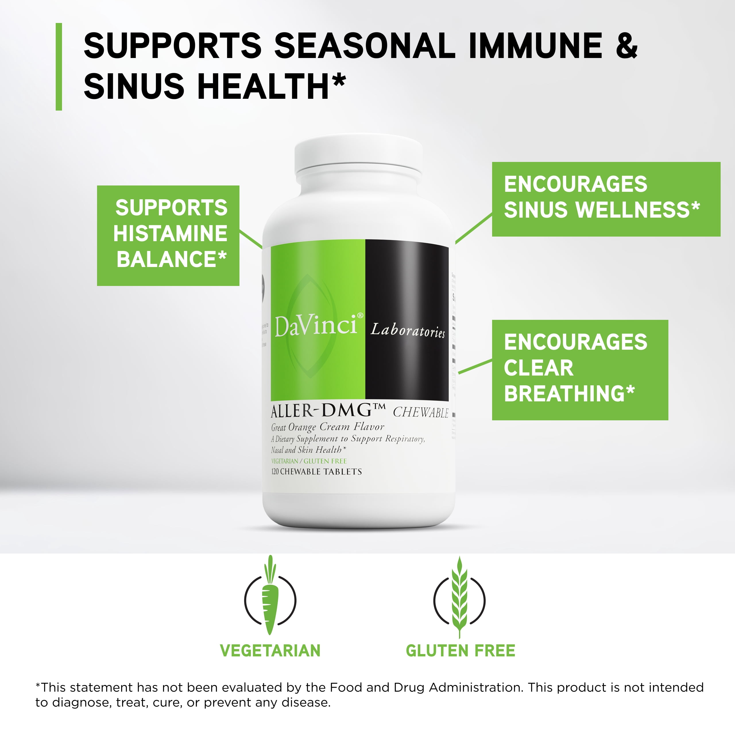DaVinci Labs Aller-DMG Chewable - Support Histamine Levels & Respiratory Health - Orange Cream Flavor - 120 Chewable Vegetarian Tablets